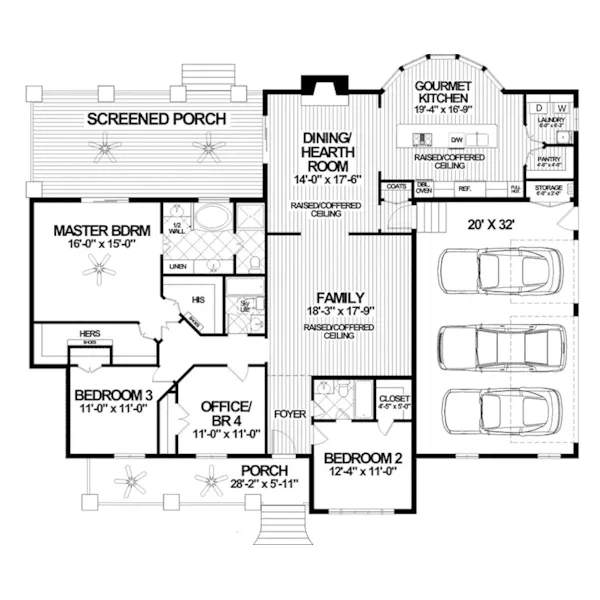 Ranch House Plan First Floor - Tucker Hill Craftsman Home 013D-0214 - Shop House Plans and More