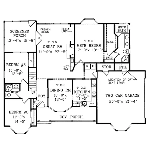 Southern House Plan First Floor - Drakestone Country Ranch Home 016D-0003 - Search House Plans and More