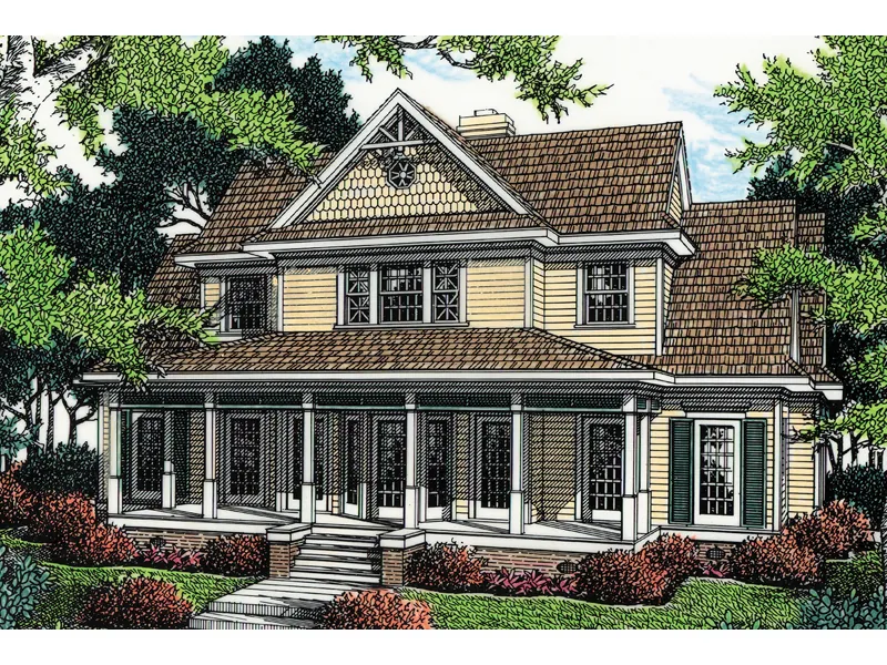 Country-Style Two-Story With Shingle Siding Details And Covered Porch