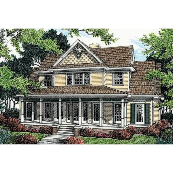 Country-Style Two-Story With Shingle Siding Details And Covered Porch