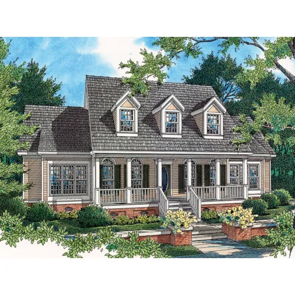 Country Style Home With Charming Covered Front Porch And A Trio Of Dormers