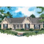 Stucco Ranch Home With European Shutters And Covered Porch