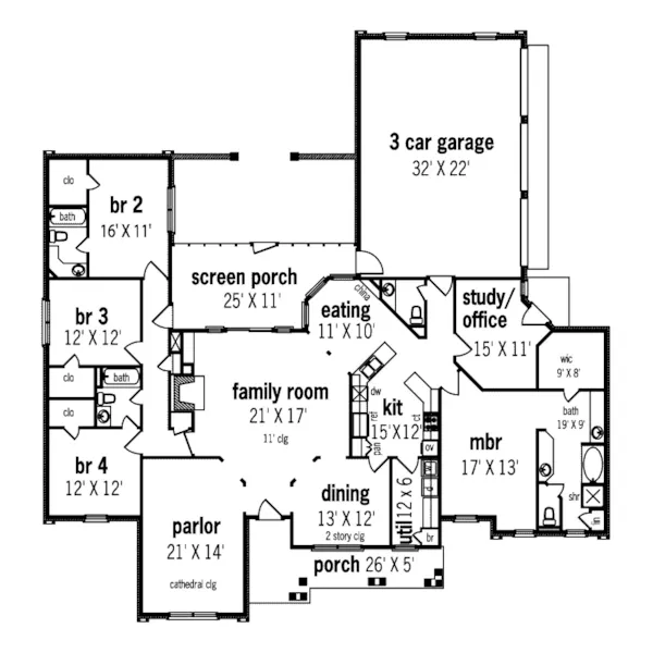 Southern House Plan First Floor - Walnut Ridge Country Ranch Home 020D-0043 - Shop House Plans and More