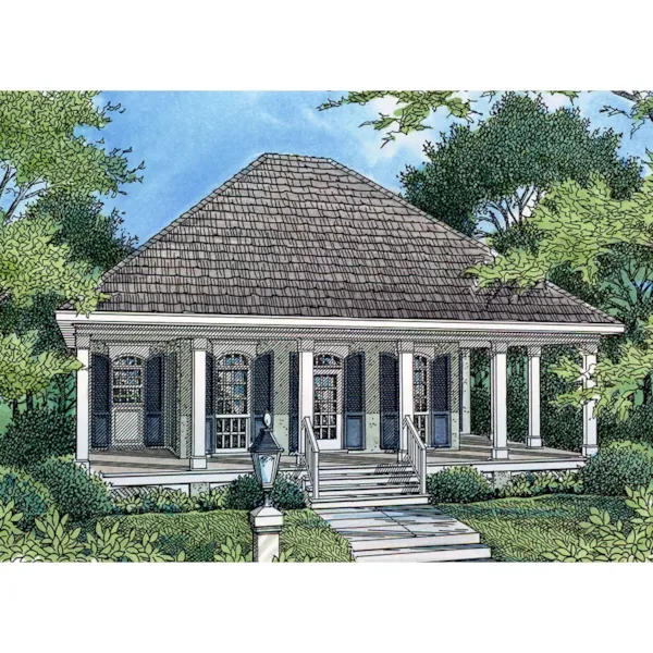 Lowcountry Style Home With Deep Covered Porch And Arched Windows