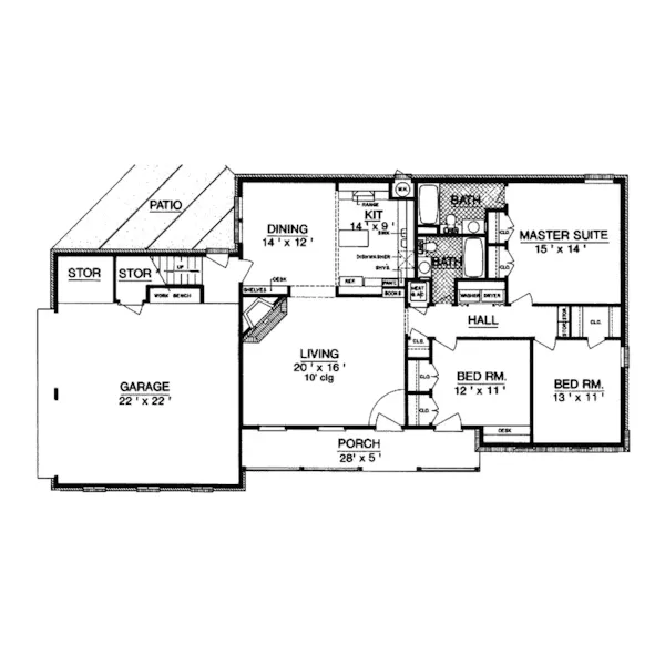 Southern House Plan First Floor - Crystal Springs Ranch Home 020D-0105 - Search House Plans and More