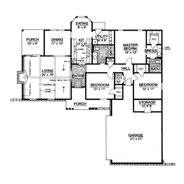 Rustic House Plan First Floor - Blackton Tudor Ranch Home 020D-0116 - Search House Plans and More