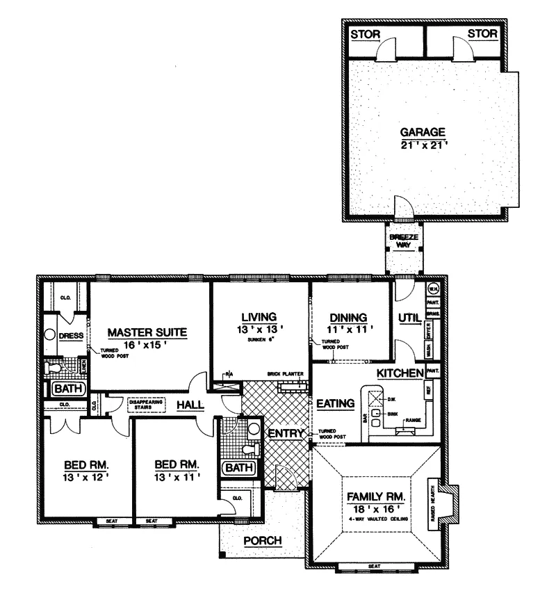 Tudor House Plan First Floor - Perryton  Ranch Home 020D-0170 - Shop House Plans and More