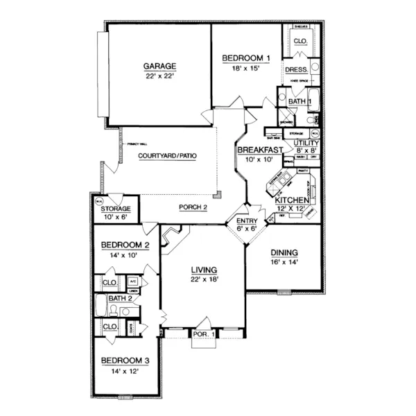 Traditional House Plan First Floor - Fieldbrook Southern Ranch Home 020D-0192 - Search House Plans and More