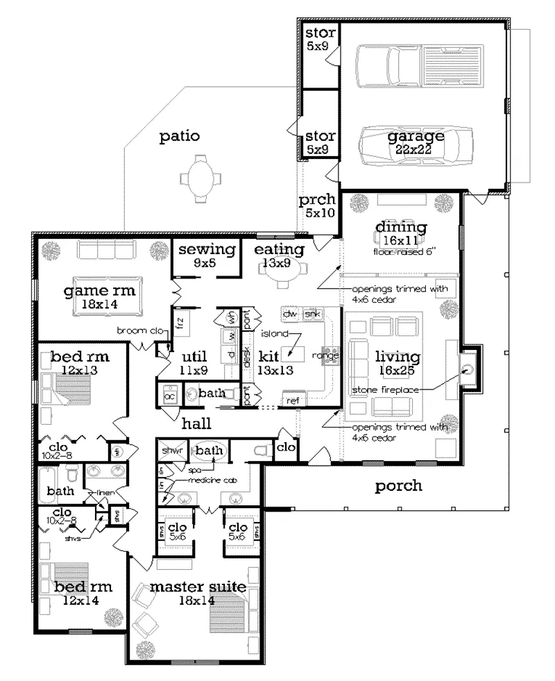 Southern House Plan First Floor - Susanville Acadian Ranch Home 020D-0222 - Shop House Plans and More