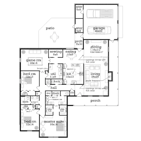 Victorian House Plan First Floor - Susanville Acadian Ranch Home 020D-0222 - Shop House Plans and More