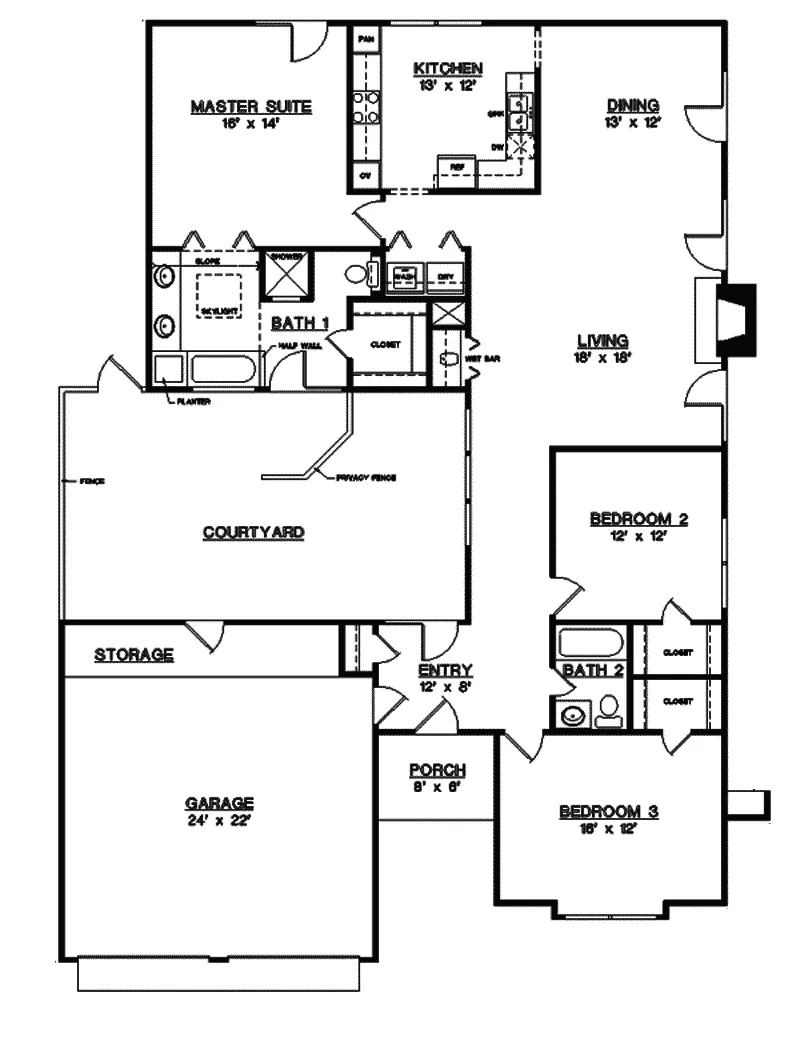 Ranch House Plan First Floor - Rovana Sunbelt Ranch Home 020D-0265 - Shop House Plans and More