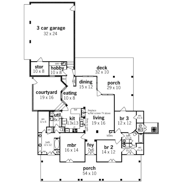 Ranch House Plan First Floor - Plantation Point Country Home 020D-0336 - Shop House Plans and More