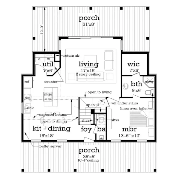 Cabin & Cottage House Plan First Floor - Fruitdale Southern Home 020D-0393 - Search House Plans and More