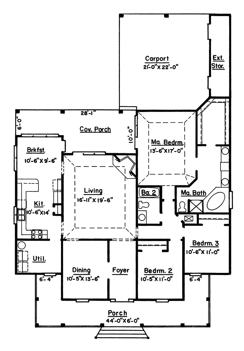 Ranch House Plan First Floor - Exell Southern Style Home 024D-0182 - Search House Plans and More