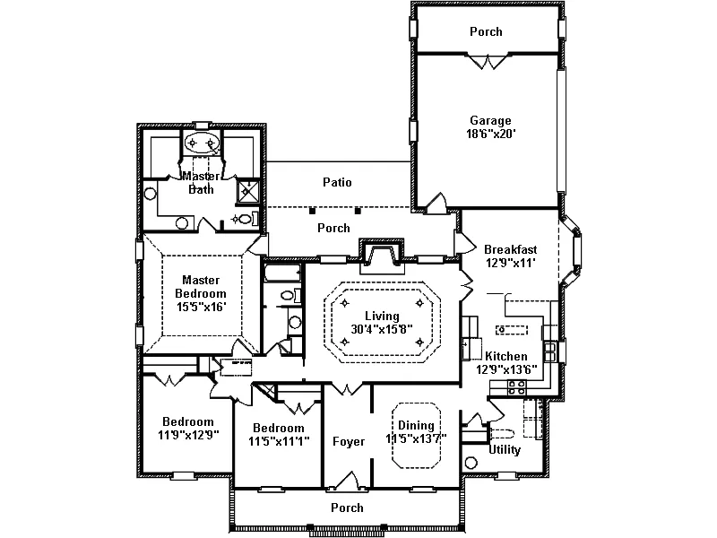 Southern House Plan First Floor - Wicksburg Ranch Home 024D-0332 - Shop House Plans and More