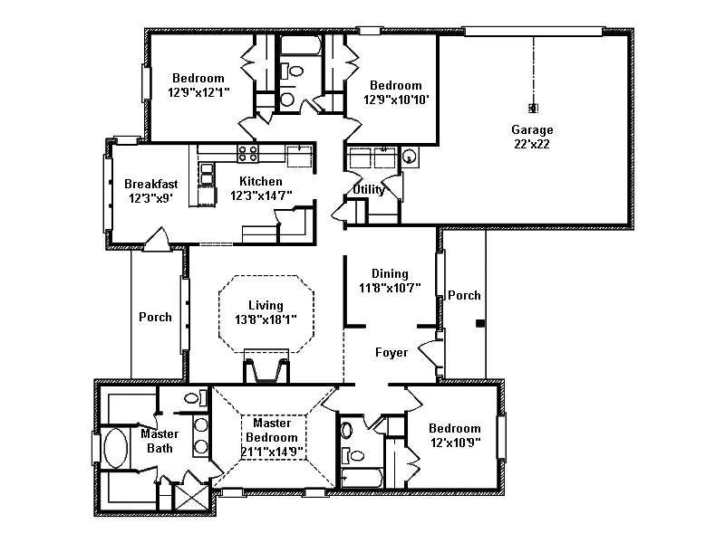 Ranch House Plan First Floor - Lester Brick Ranch Home 024D-0377 - Shop House Plans and More