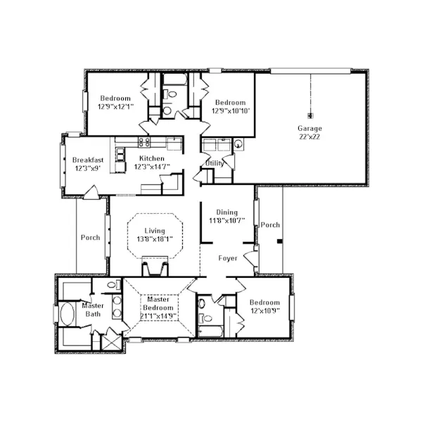 Southern House Plan First Floor - Lester Brick Ranch Home 024D-0377 - Shop House Plans and More