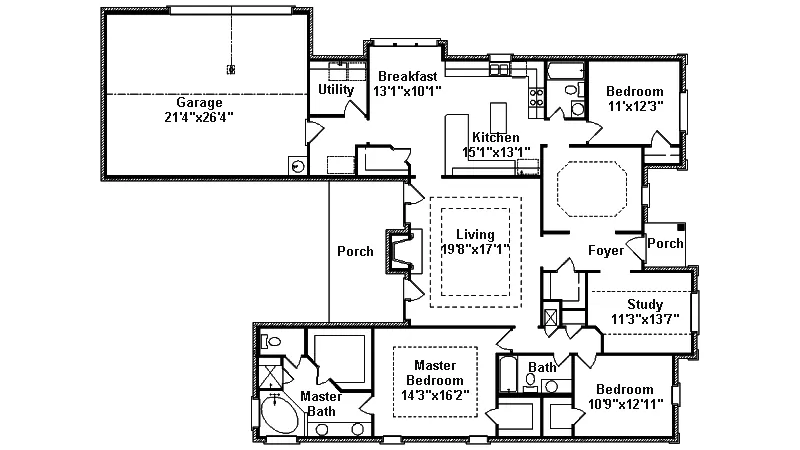 Traditional House Plan First Floor - Emory Park Ranch Home 024D-0501 - Search House Plans and More