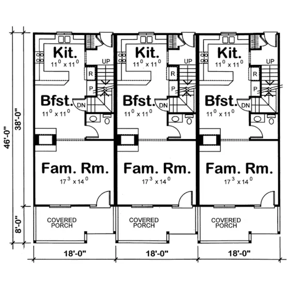 Traditional House Plan First Floor - Marydel Multi-Family Triplex 026D-0146 - Shop House Plans and More