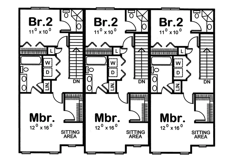 Traditional House Plan Second Floor - Marydel Multi-Family Triplex 026D-0146 - Shop House Plans and More
