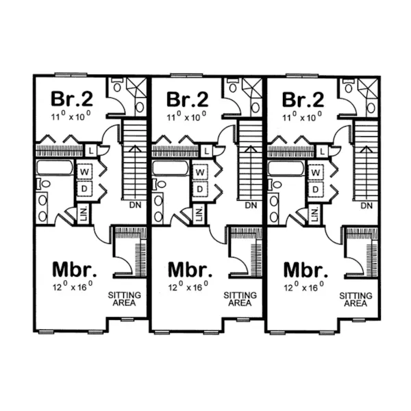 Traditional House Plan Second Floor - Marydel Multi-Family Triplex 026D-0146 - Shop House Plans and More