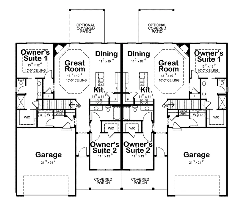 Farmhouse Plan First Floor - Bennett Place Duplex Home 026D-2112 - Shop House Plans and More