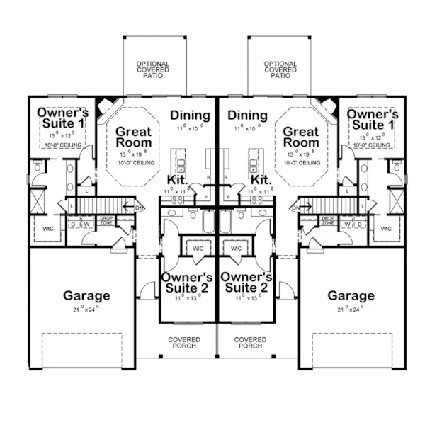 Multi-Family House Plan First Floor - Bennett Place Duplex Home 026D-2112 - Shop House Plans and More