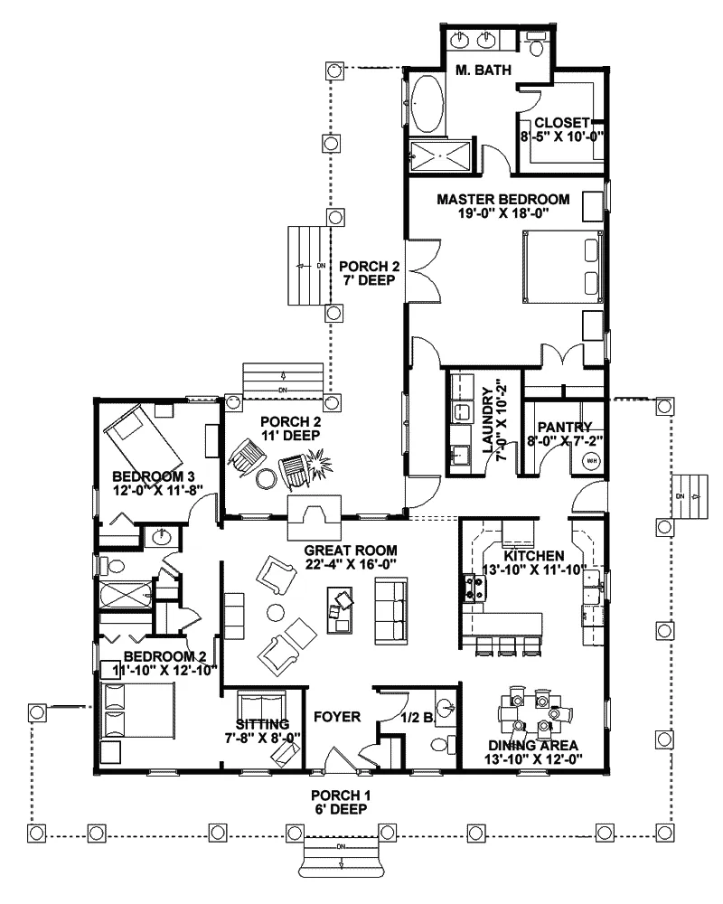 Southern House Plan First Floor - Hancock Bridge Country Home 028D-0054 - Search House Plans and More