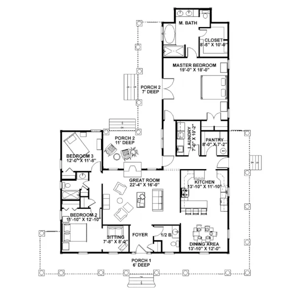 Country House Plan First Floor - Hancock Bridge Country Home 028D-0054 - Search House Plans and More