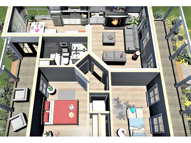 Florida House Plan 3D First Floor - Miller Lane Modern Farmhouse 028D-0108 - Shop House Plans and More