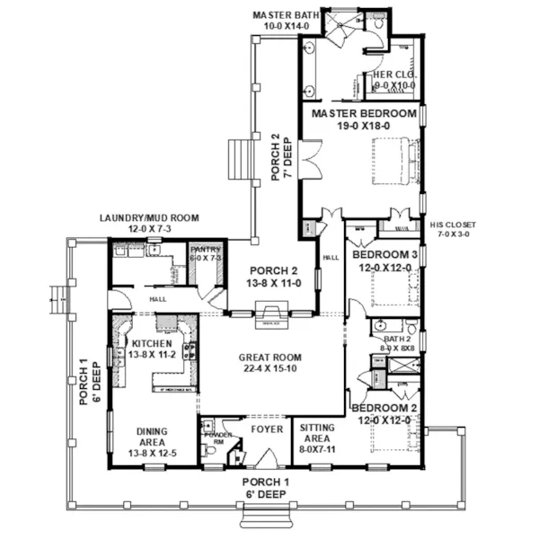 Ranch House Plan First Floor - Albury Grove Southern Home 028D-0110 - Shop House Plans and More