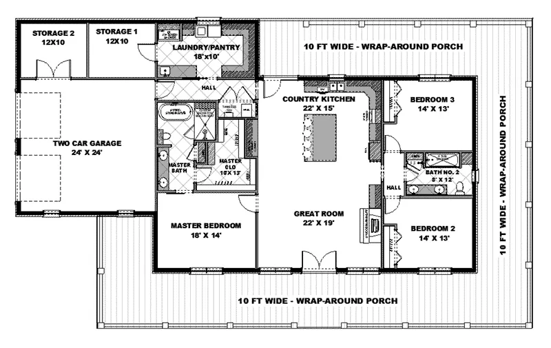 Ranch House Plan First Floor - Coastal Springs Southern Home 028D-0114 - Shop House Plans and More