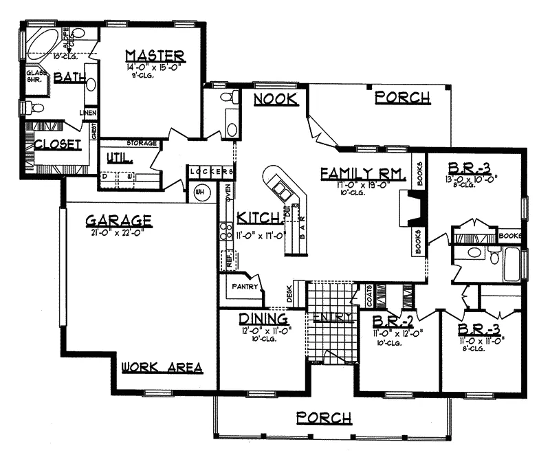 Ranch House Plan First Floor - Oak Harbor Country Farmhouse 031D-0040 - Shop House Plans and More