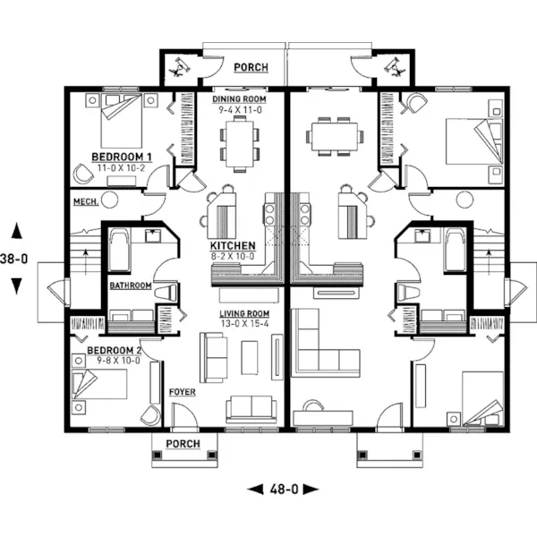 Country House Plan First Floor - Lehigh Multi-Family Fourplex 032D-0591 - Shop House Plans and More