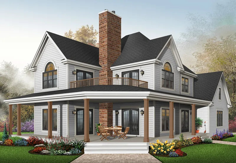 Two-Story Country Farmhouse Plan With Large Wrap-Around Porch