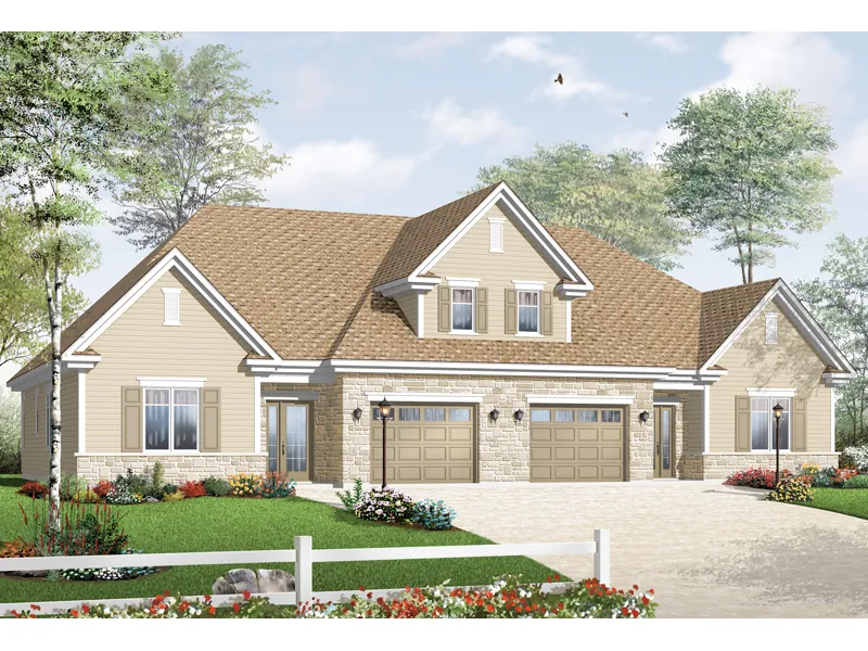 Ranch House Plan Front of Home - Red Cedar Duplex Home 032D-0719 - Shop House Plans and More