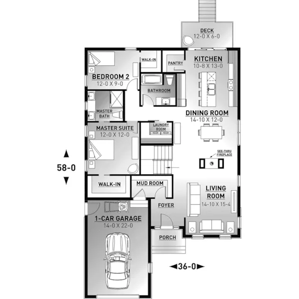 Ranch House Plan First Floor - Carefree Canyon Craftsman Home 032D-1042 - Shop House Plans and More