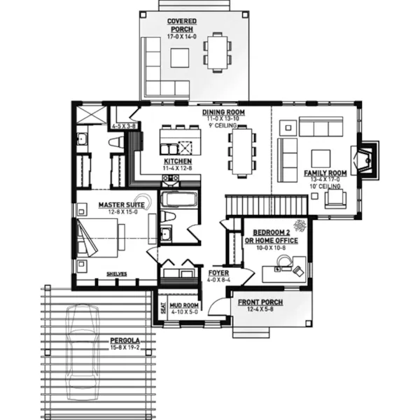 Ranch House Plan First Floor - Chowder Cove Craftsman Cabin 032D-1120 - Shop House Plans and More