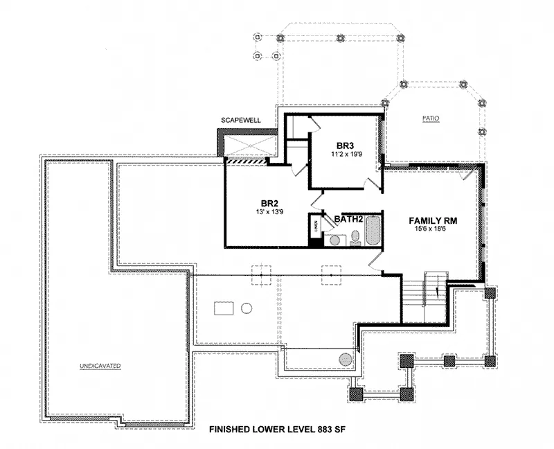 Ranch House Plan Lower Level Floor - Hedge Grove Ranch Home 034D-0107 - Search House Plans and More