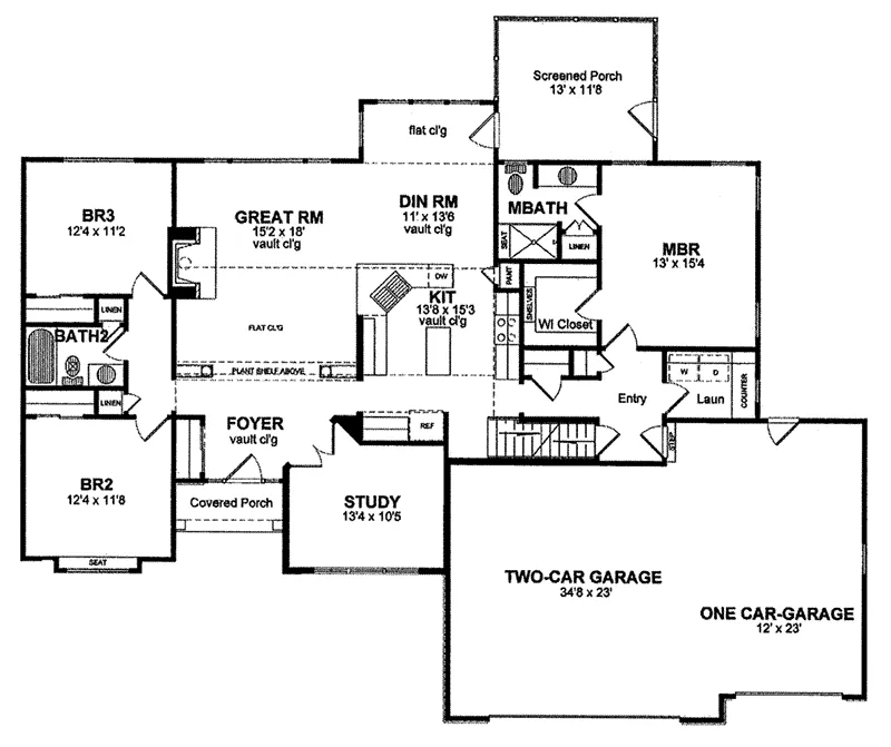 Shingle House Plan First Floor - Huron Hill Ranch Home 034D-0116 - Search House Plans and More