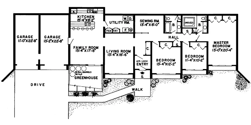 Ranch House Plan First Floor - Glennon Green Berm Home 038D-0136 - Search House Plans and More