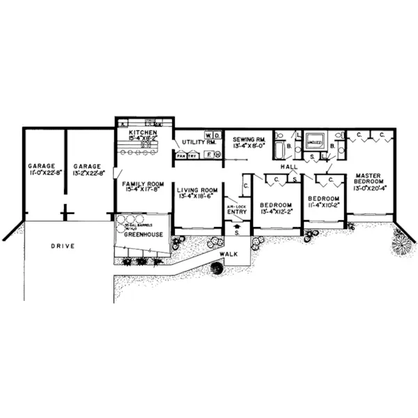 Ranch House Plan First Floor - Glennon Green Berm Home 038D-0136 - Search House Plans and More