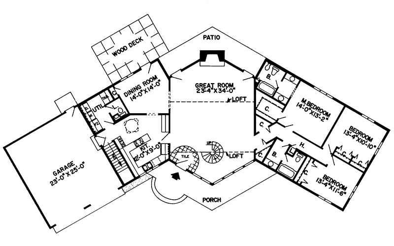 Lake House Plan First Floor - Gasconade Hill A-Frame Home 038D-0137 - Search House Plans and More