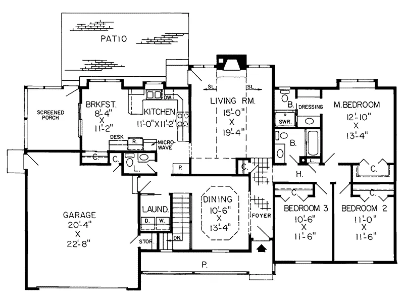 Southern House Plan First Floor - Gravois Bluff Ranch Home 038D-0214 - Search House Plans and More