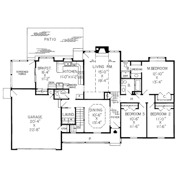 Southern House Plan First Floor - Gravois Bluff Ranch Home 038D-0214 - Search House Plans and More