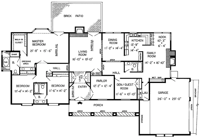 Traditional House Plan First Floor - Cyrene Tudor Ranch Home 038D-0243 - Search House Plans and More