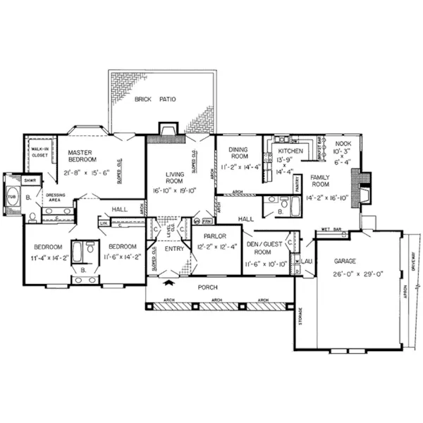 Traditional House Plan First Floor - Cyrene Tudor Ranch Home 038D-0243 - Search House Plans and More