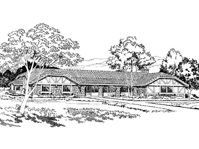 Sprawling Tudor Ranch Home With Stone Pillars