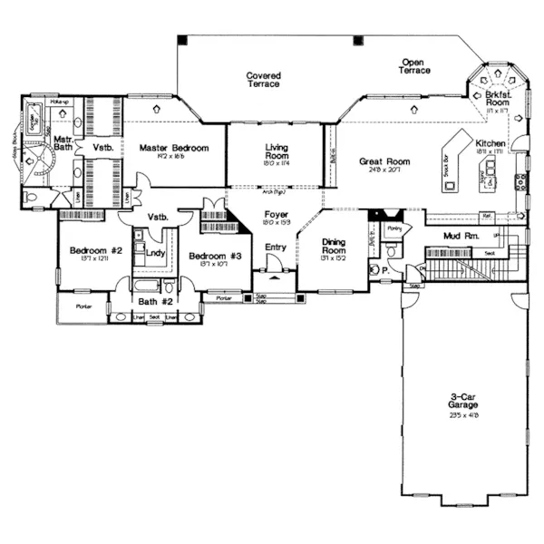 Ranch House Plan First Floor - Amselfeld Traditional Home 038D-0583 - Search House Plans and More