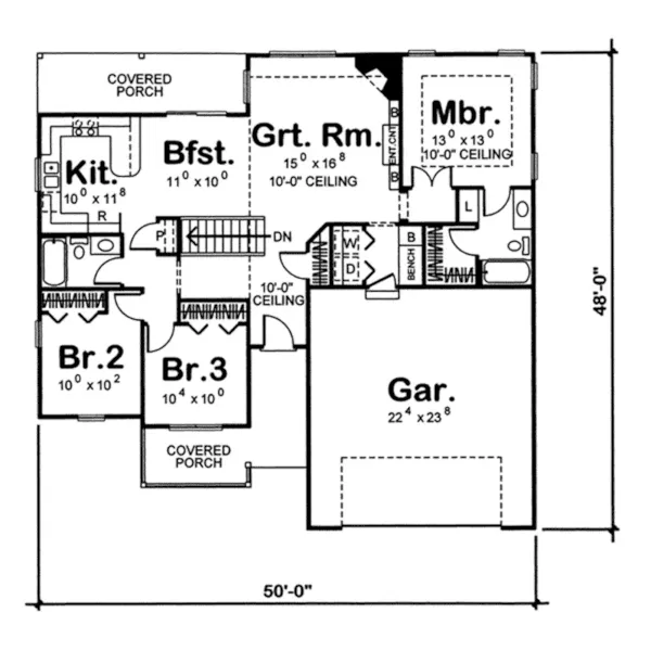 Southern House Plan First Floor - Young Country Ranch Home 038D-0660 - Shop House Plans and More